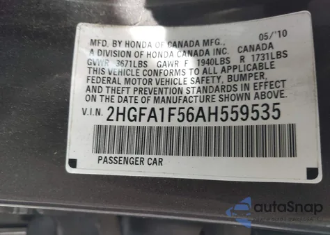 2010 Honda Civic Lx z USA, uszkodzony, nr VIN 2HGFA1F56AH559535